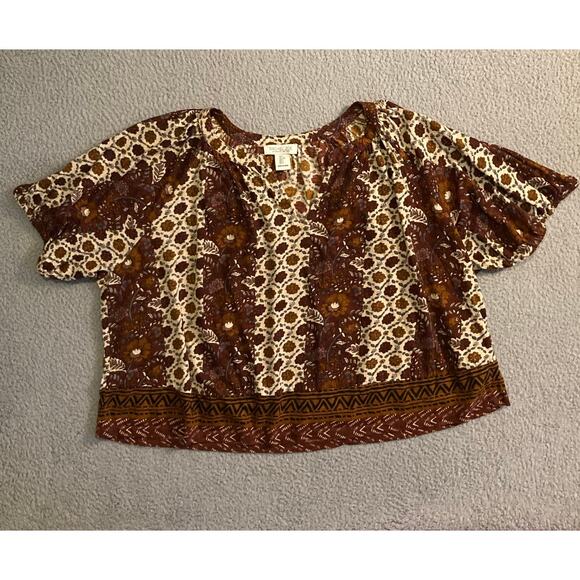 Rachel Zoe Top Large Oversized Slouchy V-Neck Peasant Floral Cottage Brown Cream - Picture 1 of 10